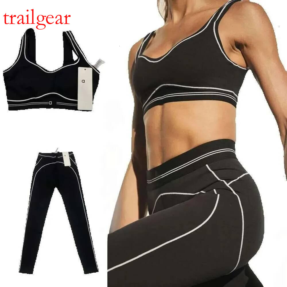 high quality New Set Sports Bra+Leggings High White Striped Low Back Dance alosetly Yoga sets Suits Outfits Summer Womens Running Fiess Gym