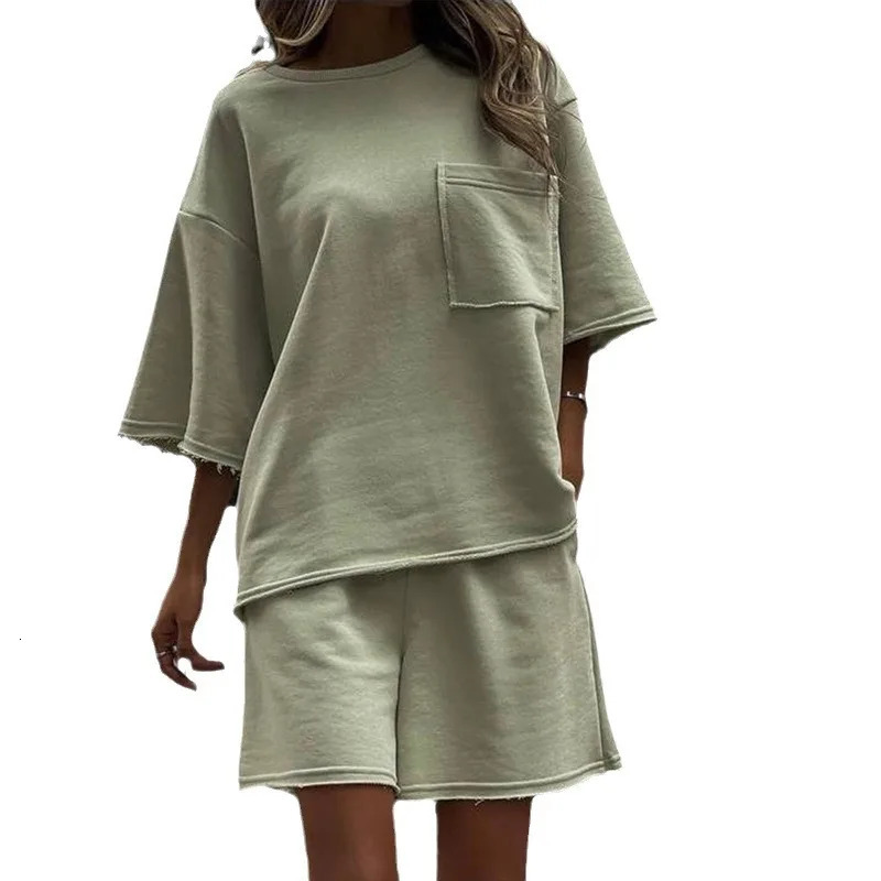 Womens Fashion 2 Piece Set Summer Short Sleeve O-Neck Loose T-shirt Top Wide Leg Shorts Suit Two Piece Solid Color Outfits 250527