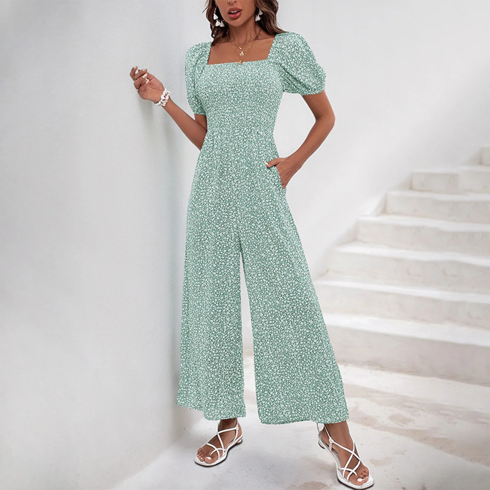 Elegant WomenS Square Neck Jumpsuit With Puff Sleeve And Wide Leg Perfect Printed Outfit For Any Occasion 250527