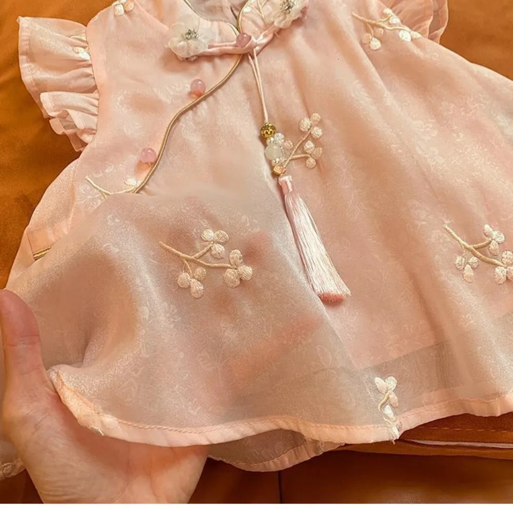 Bear Leader Summer Chinese Style Girls Suit Pink Flower Embroidered Fly Sleeved Top Shorts 2Pcs Tassel Cheongsam Kids Clothes 250527