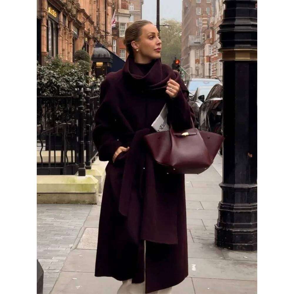 Coats Designer Women With Scarf Long Woolen Coat Dark Red Belt Lace Up Waist Cinching Slimming Solid Color Shawl Women Wool Overcoat Maxi Outwear Desi