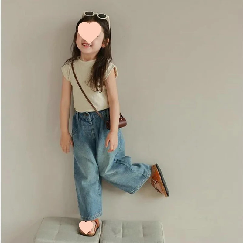 Girls loose multi pocket elastic waist jeans wide leg pants 25 summer clothes foreign trade childrens clothing hair collec 250527
