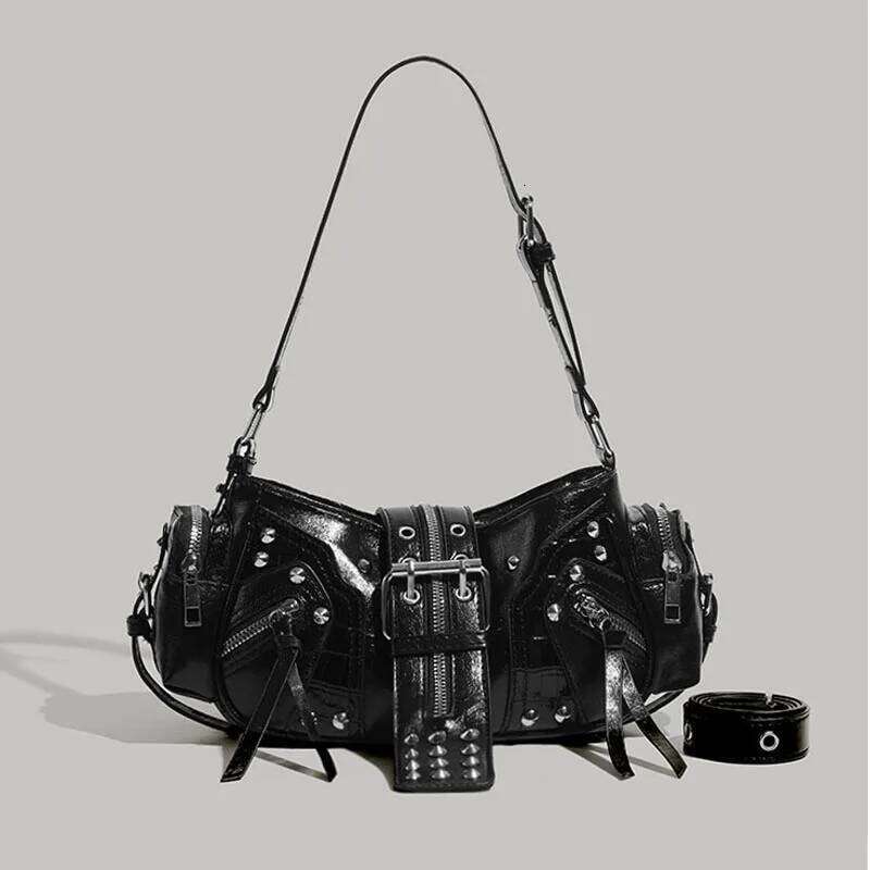 Designer Bag Biker Punk Rivet Belt Motorcycle Shoulder Armpit Retro Black Bag Women S Oblique Fashion Cool Tide Handbag C