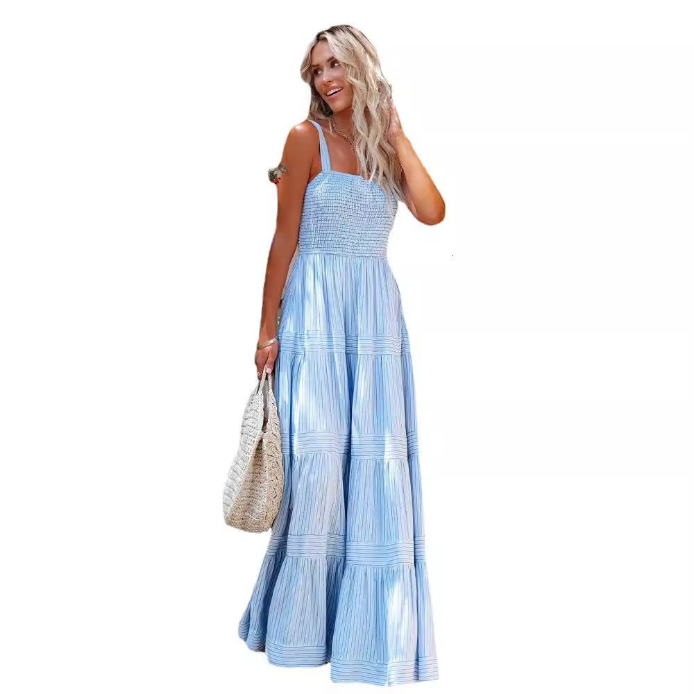 women's wear 2024 Summer Women's New Vacation Style Strap Tie Print Long Dress Super Hot