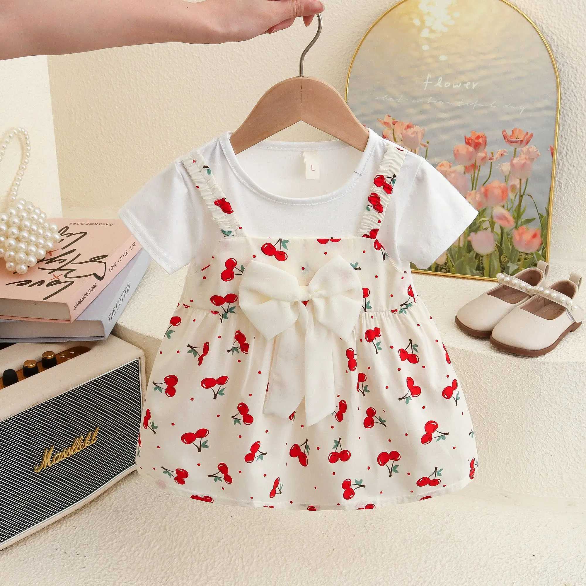 Comfortable Cotton Dress For Baby Girl Cherry Printed Dress For Kids Korean Style Dress R250530