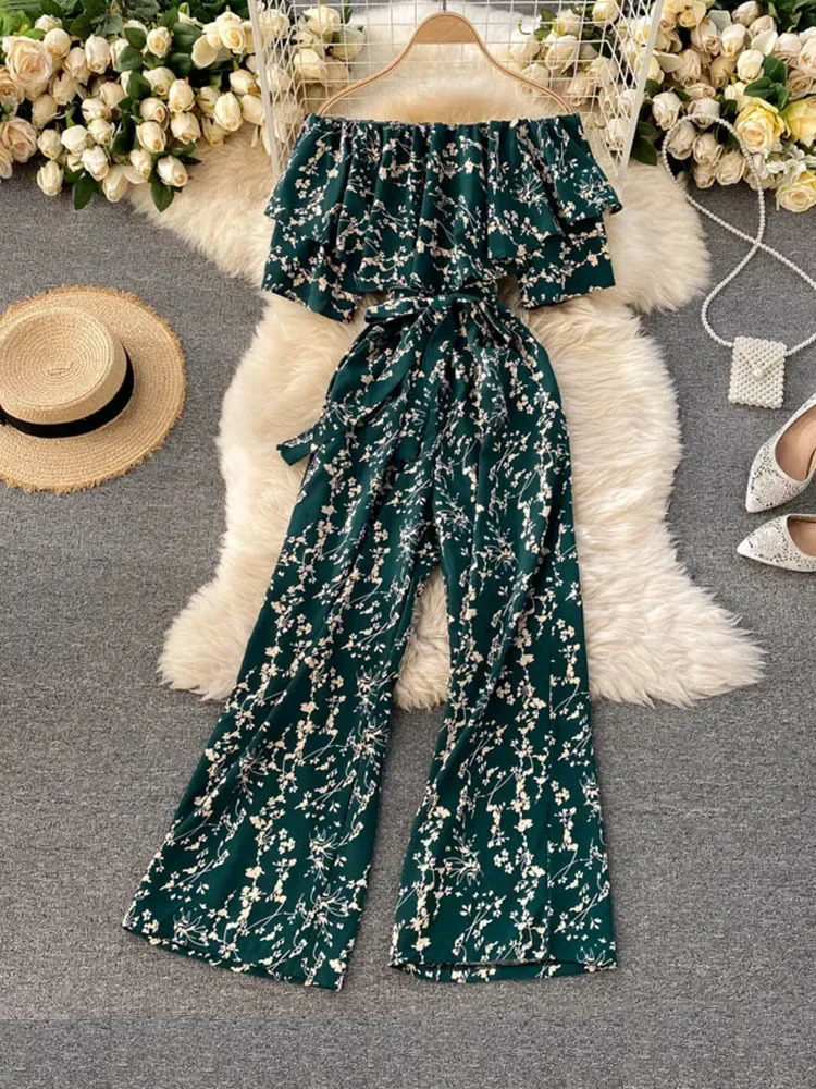 Summer Leaking Collarbone Ruffled Sexy Holiday Style Floral Jumpsuit Fashionable Wide-leg Pants UK705 250527