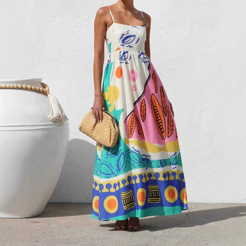 Casual Women Dresses 2025 Summer New Vacation Print Strap Dress Beach Dress