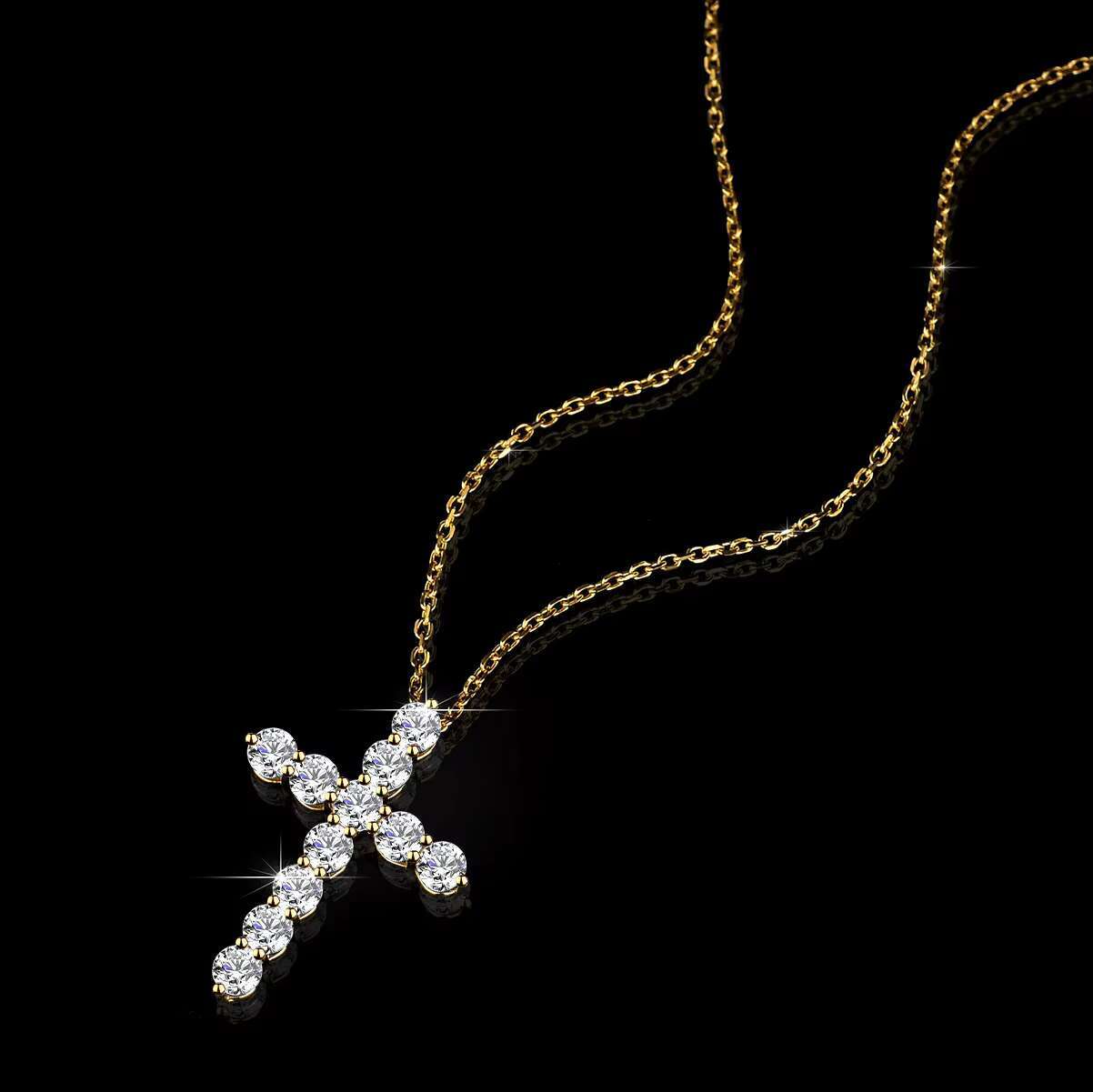 Luxury Diamond Moissanite Total 3.3Ct VVS D Color Cross Necklace 18K Gold Plated S925 Silver Chain Pendant For Women Jewlery