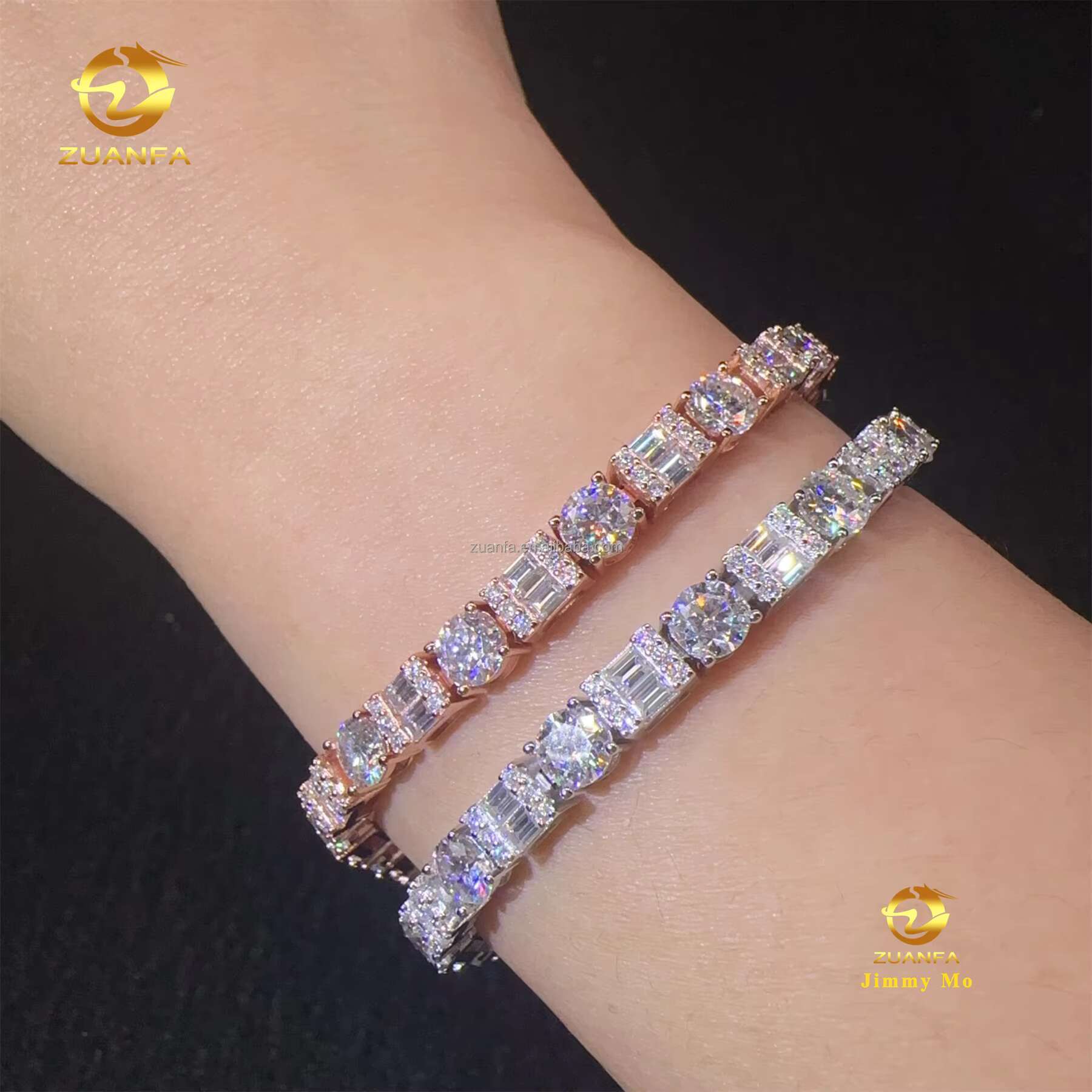 2025 New Arrivals Fashion 925 Sterling Silver Iced Out Hip Hop Jewelry Baguette+Round VVS Moissanite Cluster Tennis Bracelet