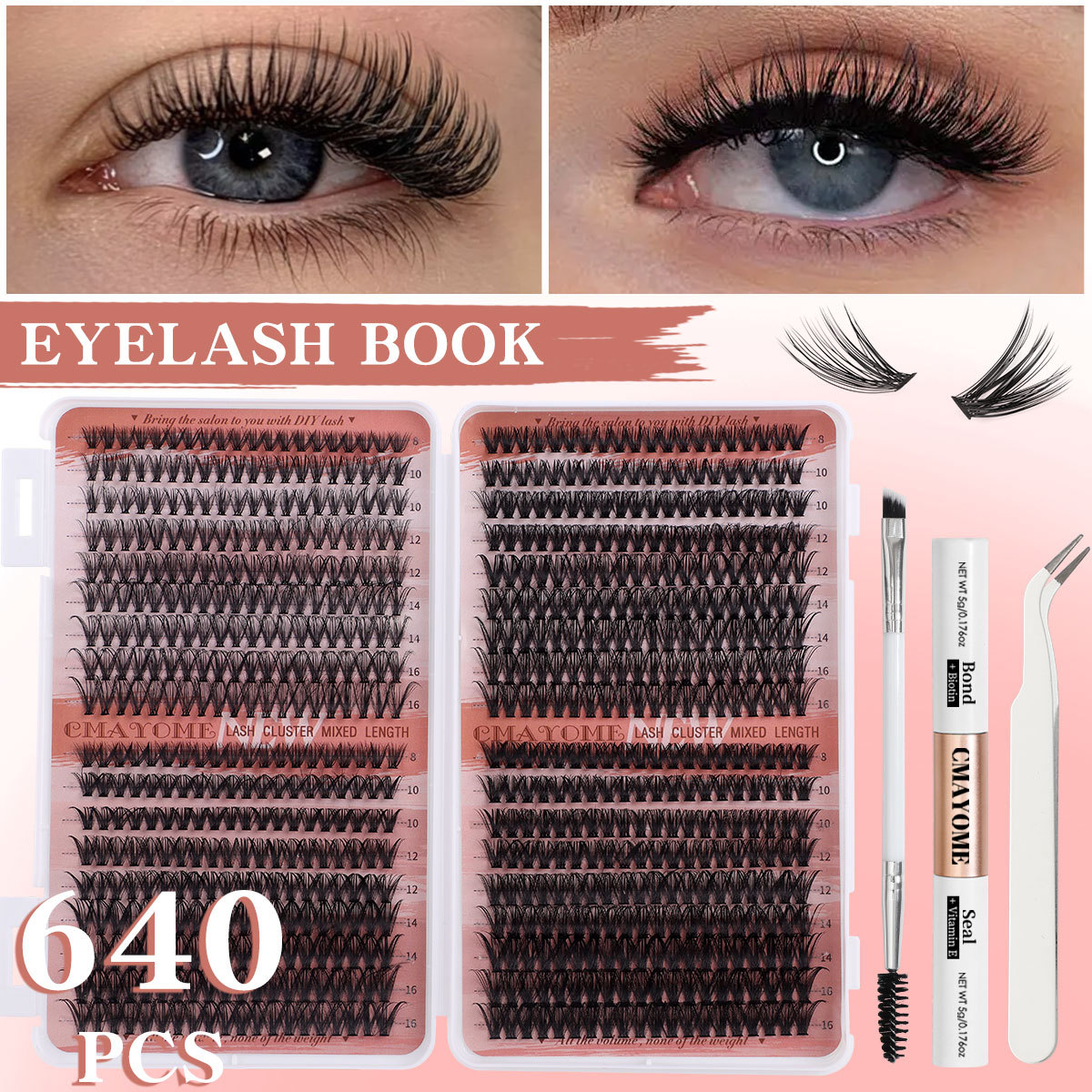 DIY Lash Clusters Kit 640Pcs Individual Eyelashes Thick Fluffy Handmade Reusable DIY Segmented Eyelash Extensions for Women Grafted Lashes