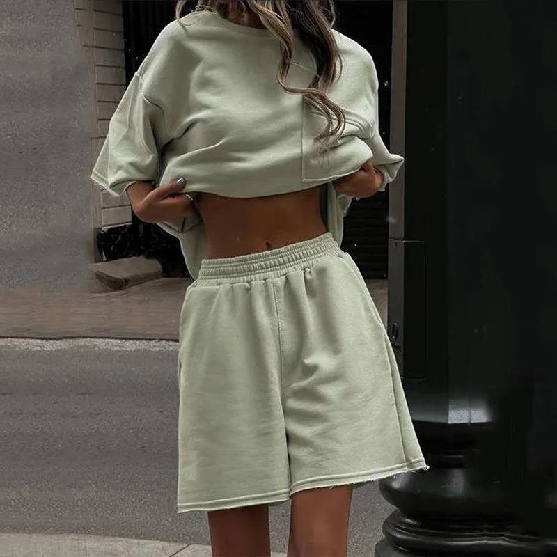 Womens Fashion 2 Piece Set Summer Short Sleeve O-Neck Loose T-shirt Top Wide Leg Shorts Suit Two Piece Solid Color Outfits 250527