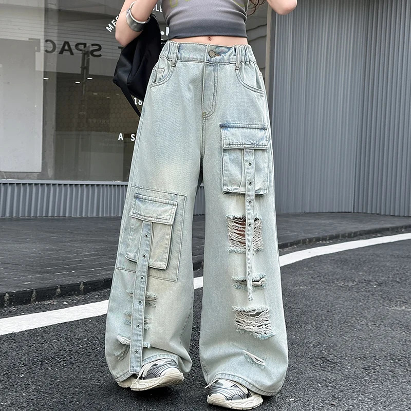 Kids Child High Fashion Street Style Distressed Ripped Cargo Jeans With Front Pocket for Tweens Girl Broken Hole Denim Pants 250527