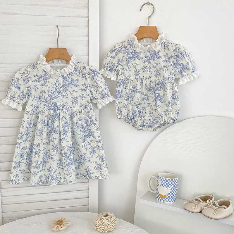 1-6Y Summer Kids Baby Dress Girls Sweet Lace Princess Dress Blue Flowers New Kids Baby Girls Dress Children Clothes Dress R250530