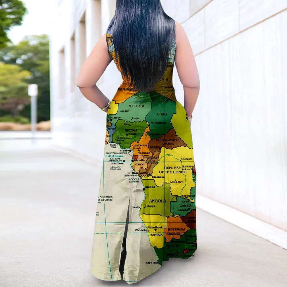 Fashion Summer Plus Size Dress Casual Map Printing Sleeveless Lapel Shirt Maxi Long Dresses Women Wholesale Dropshipping