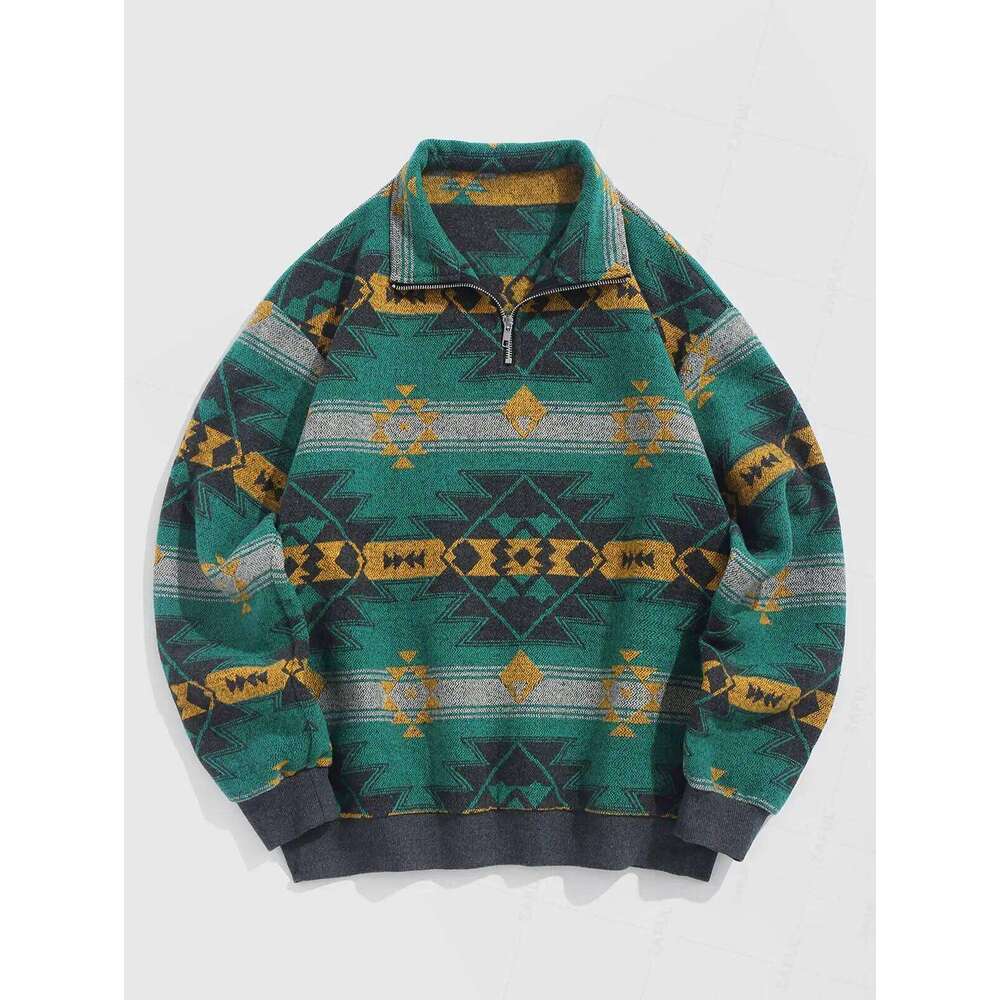 ZAFUL Men s Ethnic Aztec Printed Stand Collar Pullover Fuzzy Fleece Quarter Zip Closure Fashionable Casual Sweatshirt