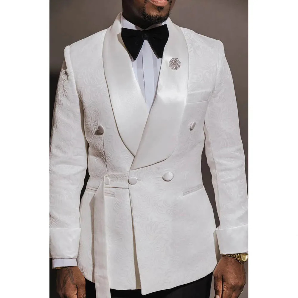 White Jacquard Mens Suits High Quality Wedding 2 Piece Jacket Pants Double Breasted Shawl Lapel Male Clothing Costume 250520Z