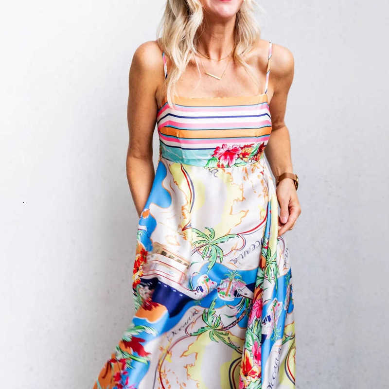 Casual Women Dresses 2025 Spring/Summer New High-Waisted Printed Colorful Vacation Flared Strap Dress