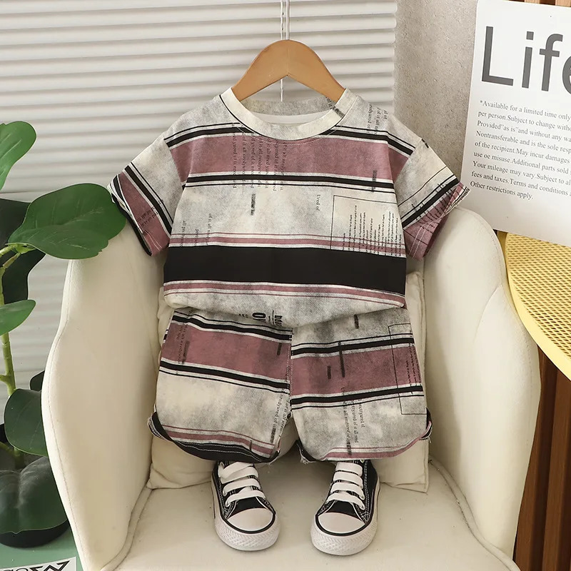 Baby Boy Summer Clothes Set Korean Fashion Letter Striped Short Sleeve T-shirts and Shorts Two Piece Boys Outfits Kids Suit 250527