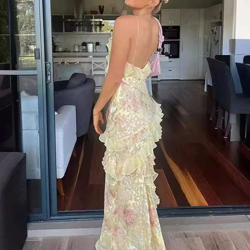 Womens V Neck Ruffled Slim Long Dress Fashion Sleeveless Floral Print Suspender Dress Casual Backless Summer Beach Dresses 250527