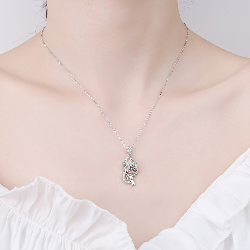 925 Sterling Silver Rose Pendant Necklace with Moissanite Stone, PT950 Gold Plated Elegant Split Color Design for Women Daily Wear