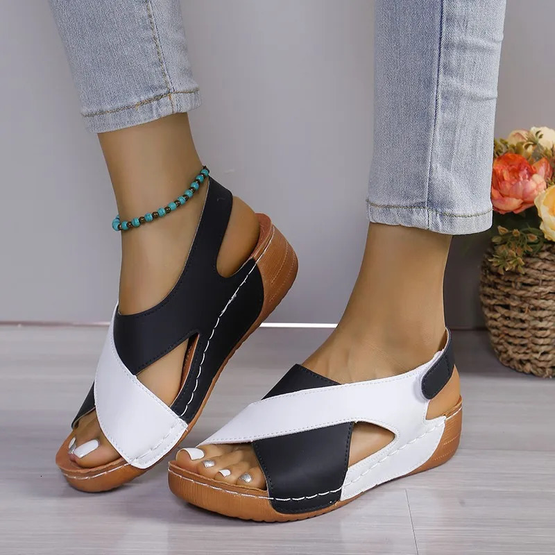 Womens Contrast Color Wedge Sandals Summer Peep Toe Non Slip Beach Shoes Woman Comfortable Platform Roman Sandalias Mujer 250528