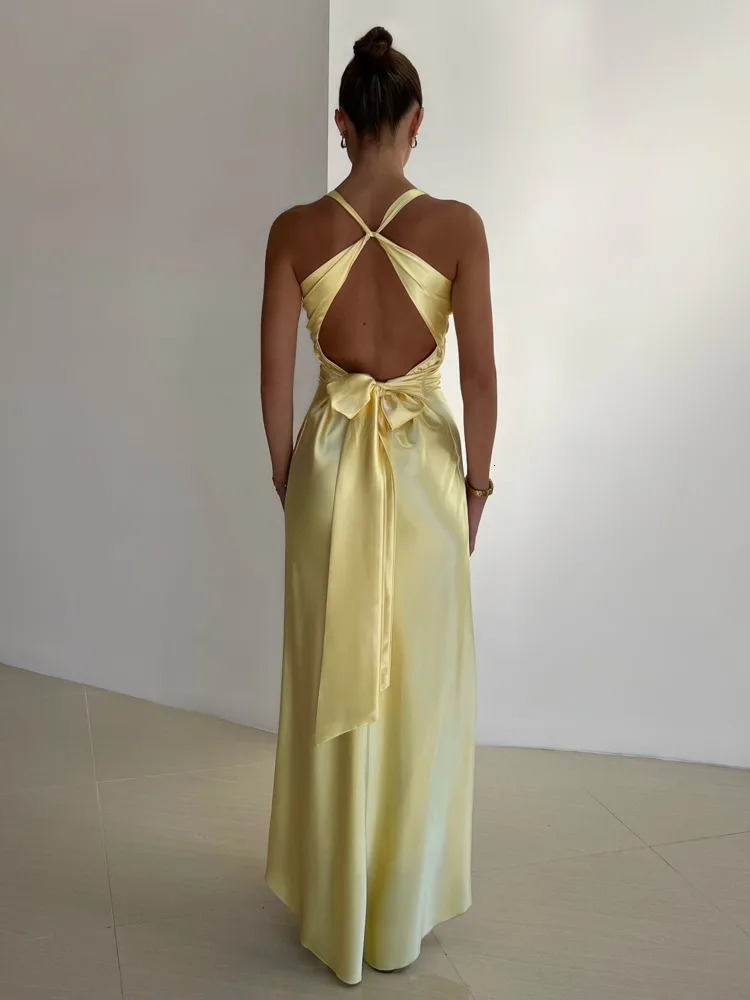 JULISSA MO Satin Sexy Backless Ruched Women Maxi Dress Yellow Sleeveless High Waist Dress Summer Skinny Elegant Party Clubwear 250527