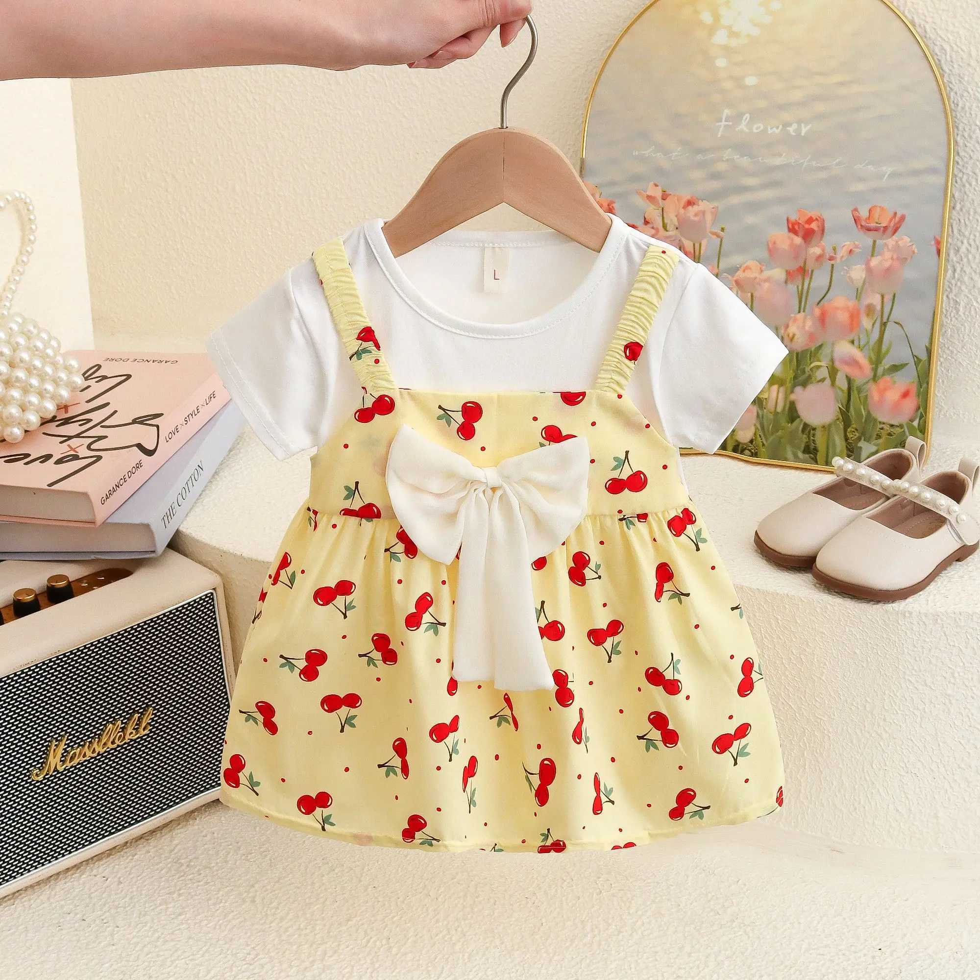 Comfortable Cotton Dress For Baby Girl Cherry Printed Dress For Kids Korean Style Dress R250530