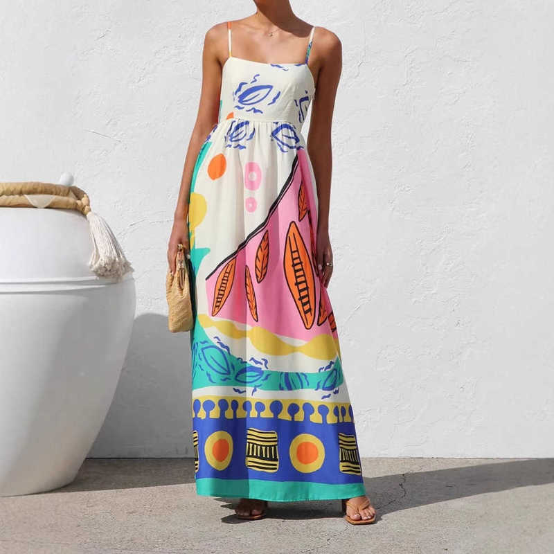 Casual Women Dresses 2025 Summer New Vacation Print Strap Dress Beach Dress