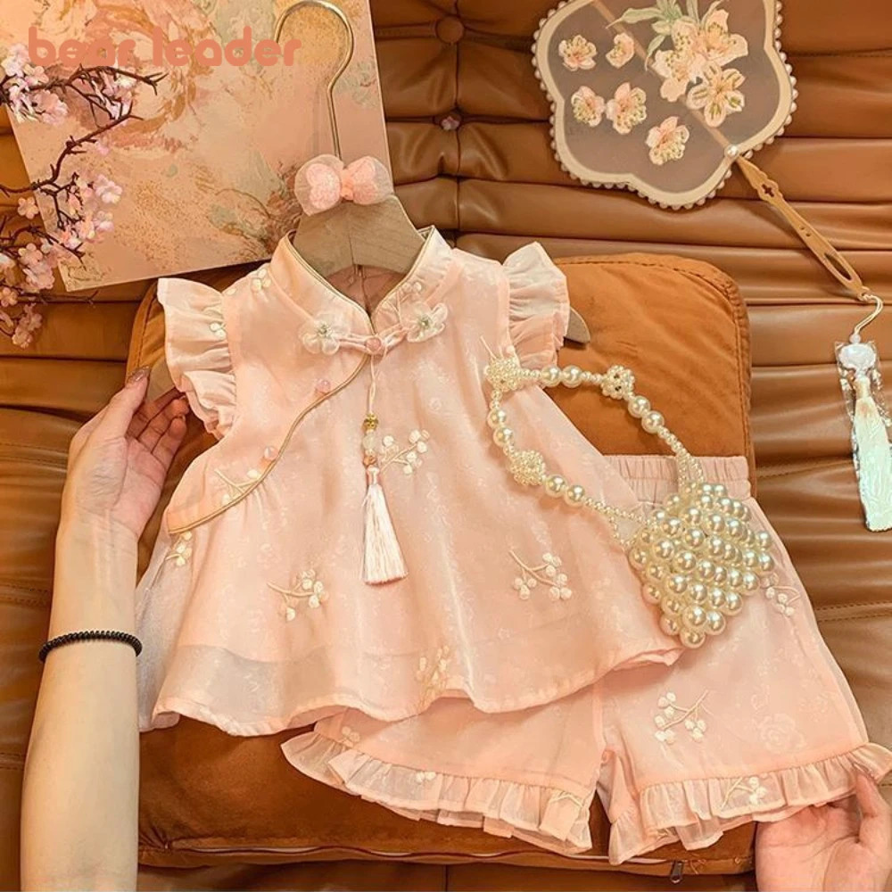 Bear Leader Summer Chinese Style Girls Suit Pink Flower Embroidered Fly Sleeved Top Shorts 2Pcs Tassel Cheongsam Kids Clothes 250527