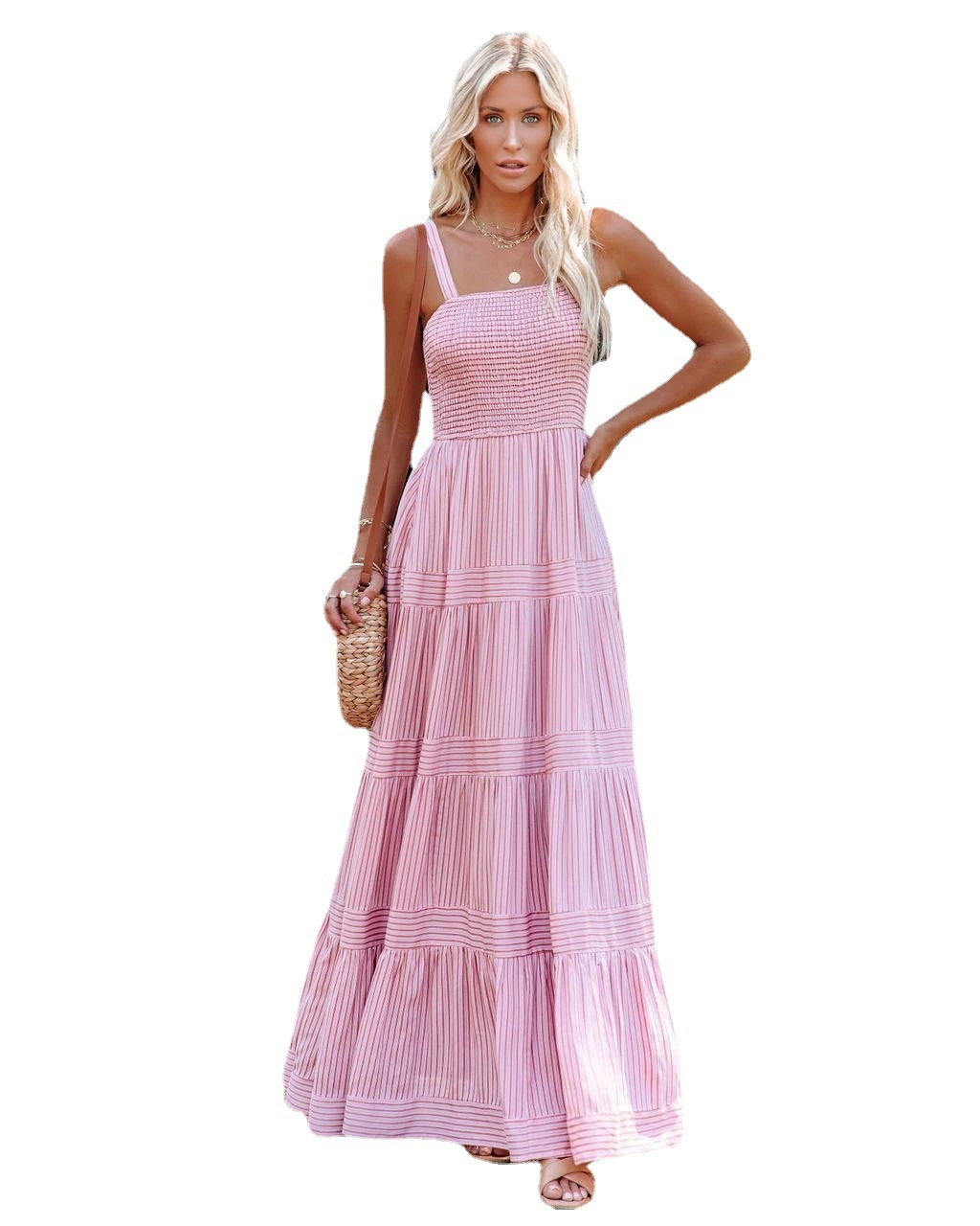 women's wear 2024 Summer Women's New Vacation Style Strap Tie Print Long Dress Super Hot