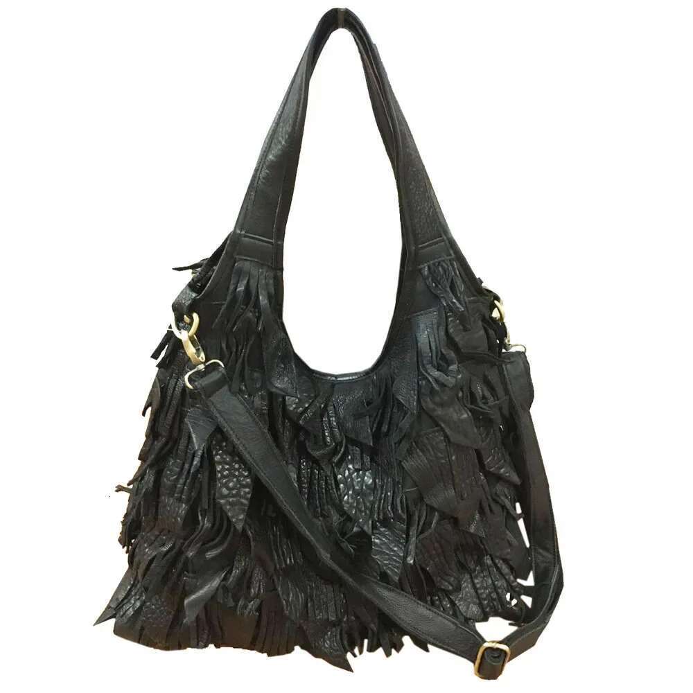 New Women's Handbag 2024 European Style Genuine Leather Fringed Shoulder Tote Layered Strap Crossbody Bag Motorcycle Equ