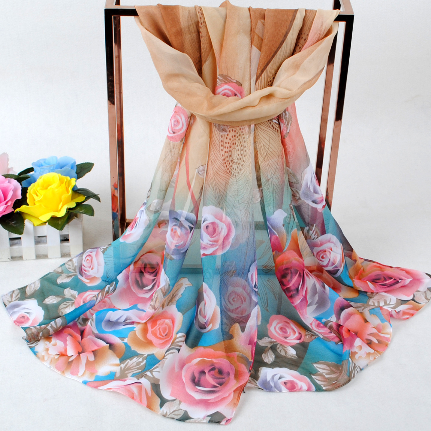 K880 New spring peacock feather flower women chiffon scarf wholesale Yiwu printed small scarf 38 gifts