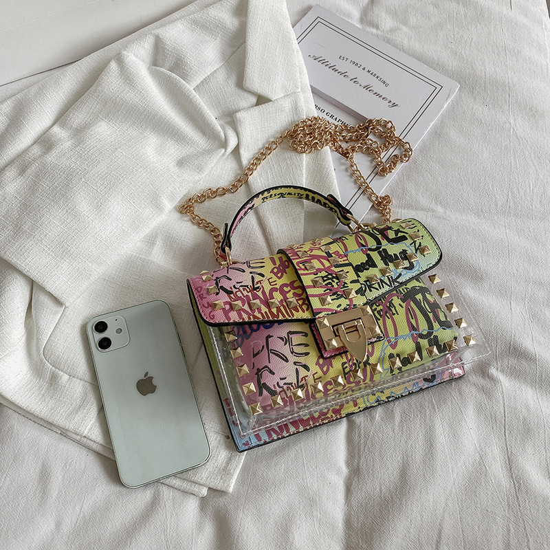 Free Shipping Designer Bag Trendy Graffiti Transparent Jelly Bag Summer 2025 Korean Fashion Graffiti Ins Trendy Chain Shoulder Crossbody Bag Handbag