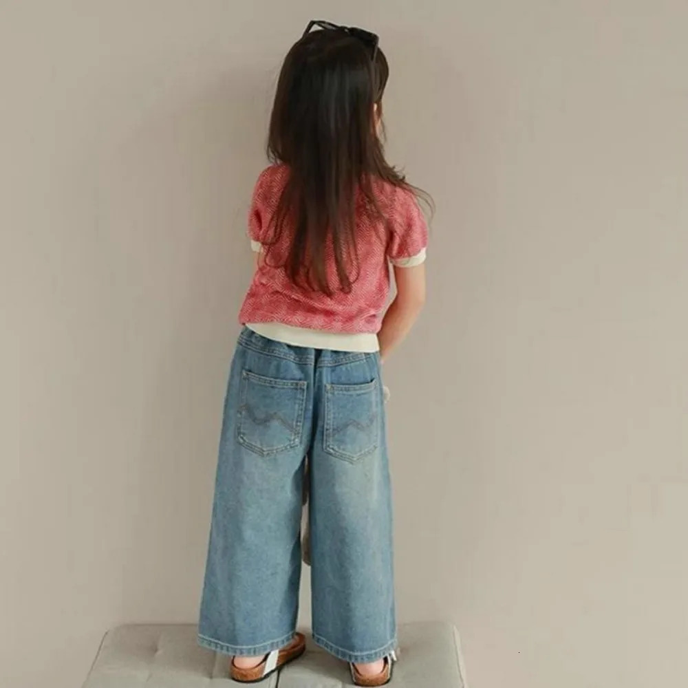 Girls loose multi pocket elastic waist jeans wide leg pants 25 summer clothes foreign trade childrens clothing hair collec 250527