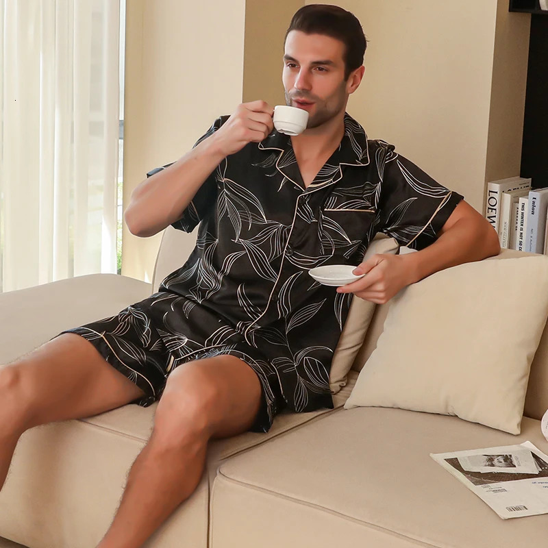 Mens pajamas short sleeved summer ice silk home clothing mens casual thin cardigan can be worn as a set y250526