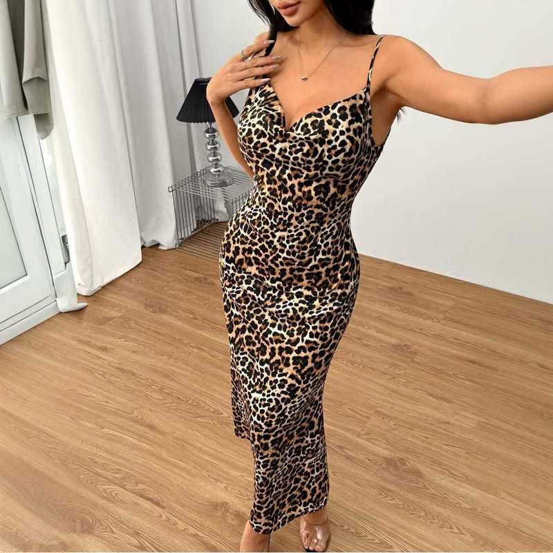 Casual Women Dresses 2025 Spring Summer New Women's Sexy Leopard Print Strap Dress Backless Swing Neck Vacation Maxi Dress