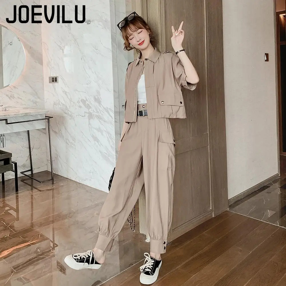 Joevilu 2PCS Tracksuit Short Sleeved Jacket Cargo Pants 2 Piece Sets Women Slim…
