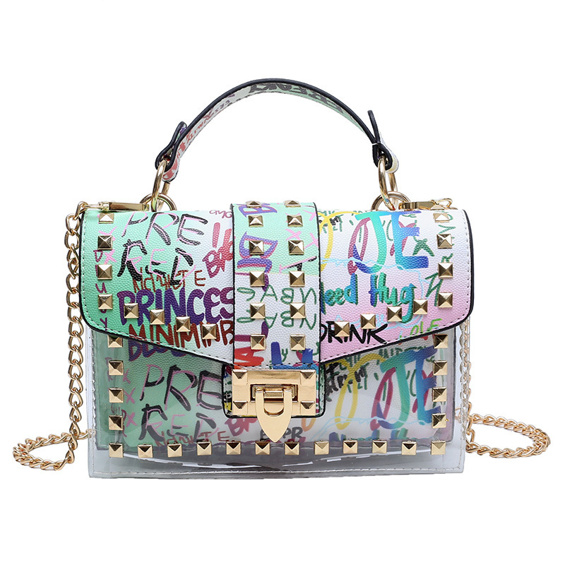 Free Shipping Designer Bag Trendy Graffiti Transparent Jelly Bag Summer 2025 Korean Fashion Graffiti Ins Trendy Chain Shoulder Crossbody Bag Handbag