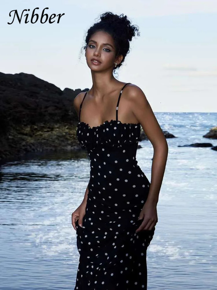 Nibber Summer Trend Slash Neck Dress Women Polka Dots Print Spaghetti Strap Solid Skinny Elegant Clubwear Maxi Bodycon Vestidos 250527