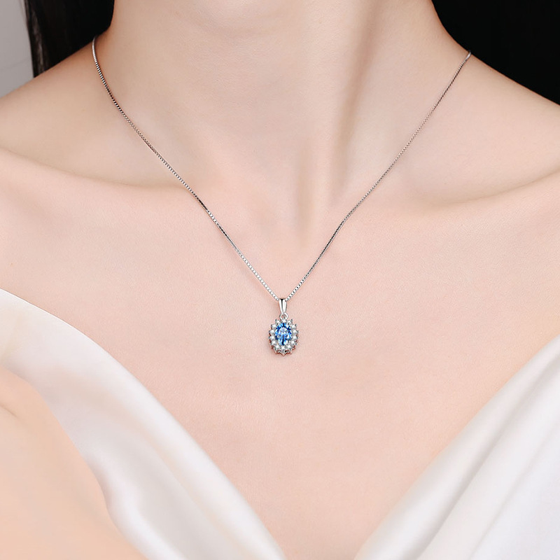 925 Sterling Silver Moissanite Necklace for Women Blue Oval Moissanite Pendant Lightweight Luxury Box Chain Design