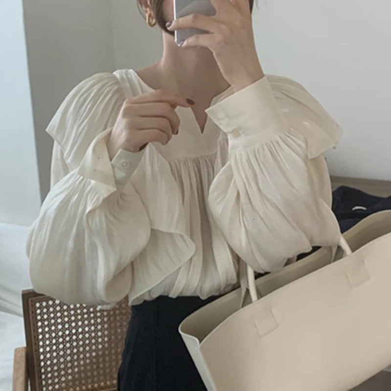 Chic Ruffled Edge Pleated Loose Shirt for Women Fashion Puff Long Sleeve Women Blouse Tops Solid Vintage Elegant Blouses 201 250527