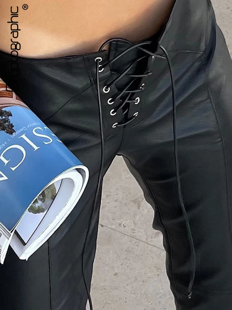 Cryptographic Fashion PU Faux Leather High Rise Skinny Straight Pants for Women Streetwear Bottom Club Party Goth Pant Trousers 250530