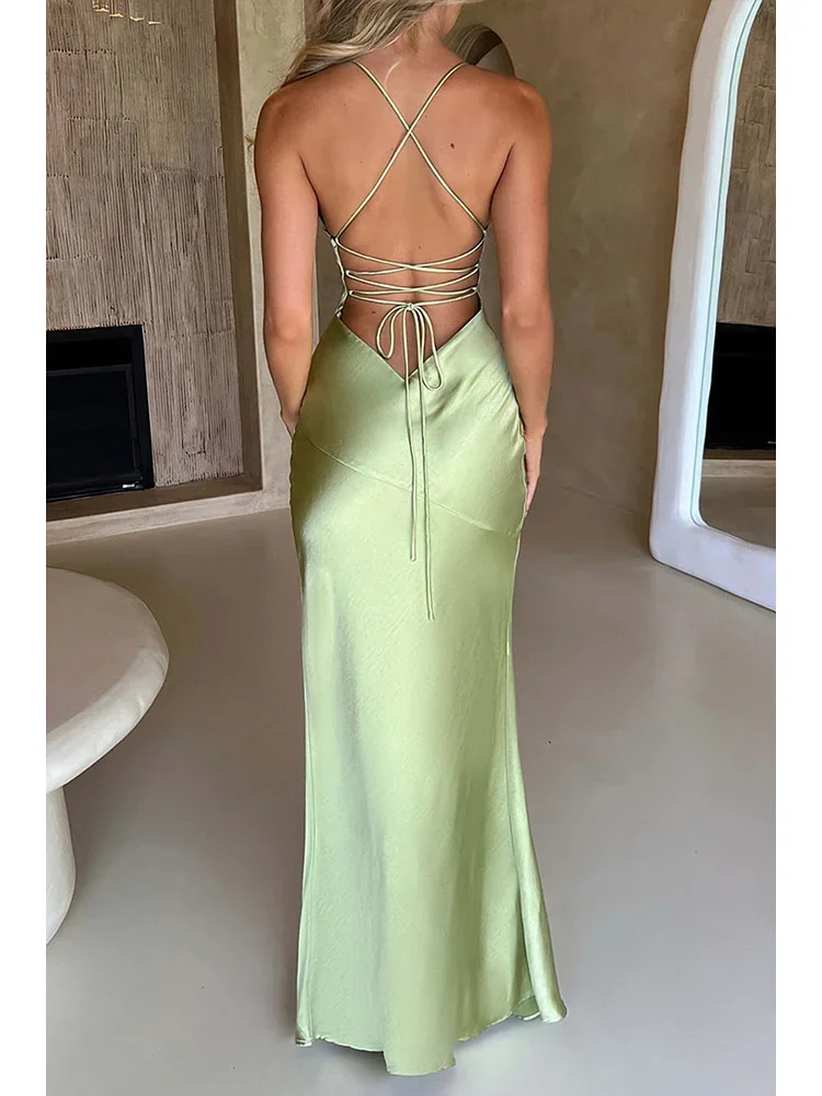 Fashion Sexy Satin Backless Camis Dress Spaghetti Strap Split Hem Silk Y2K Bodycon Casual Lace-up Summer Evening Long Dress 250527