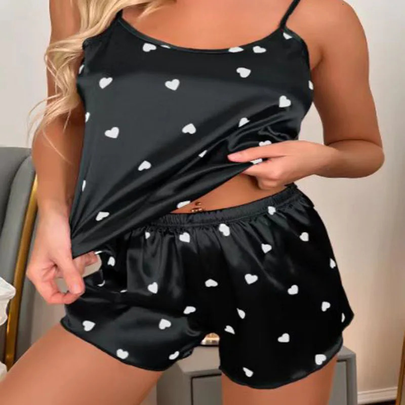Plus Size Love Print Women Pajamas Two Piece Sexy Camisole Shorts Black Student Pajama Set Easy to Wash Shorts Homewear Two Piec 250530
