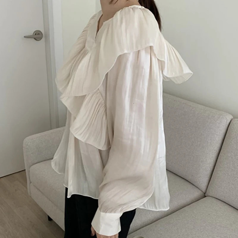 Chic Ruffled Edge Pleated Loose Shirt for Women Fashion Puff Long Sleeve Women Blouse Tops Solid Vintage Elegant Blouses 201 250527