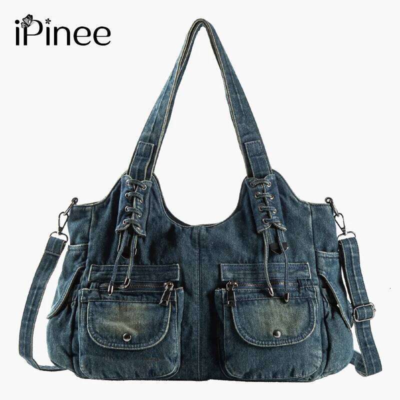 Designer Bag Ipinee Fashion Women Vintage Casual Denim Handbag Lady Large Capacity Jeans Tote Weave Tape Creative Shoulder Messenger Bag