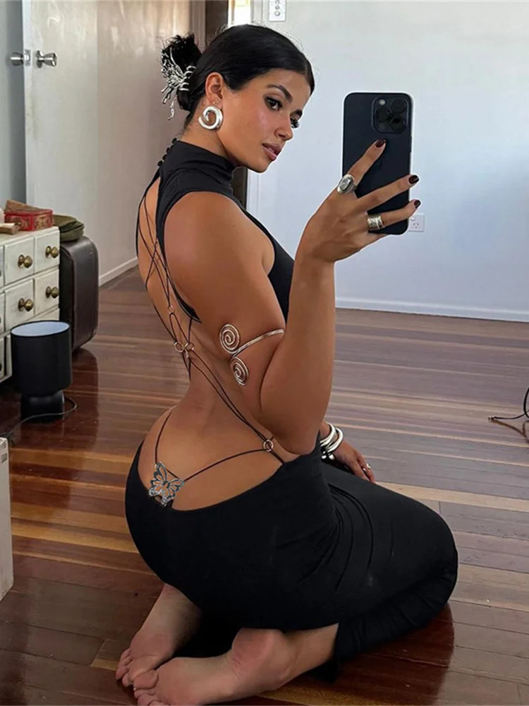 Weird Puss Y2K Butterfly Metal Dress Women Hollow Backless Sleeveless Fitness Cross Bandage Midnight Club Summer Vacation Bodyco 250527