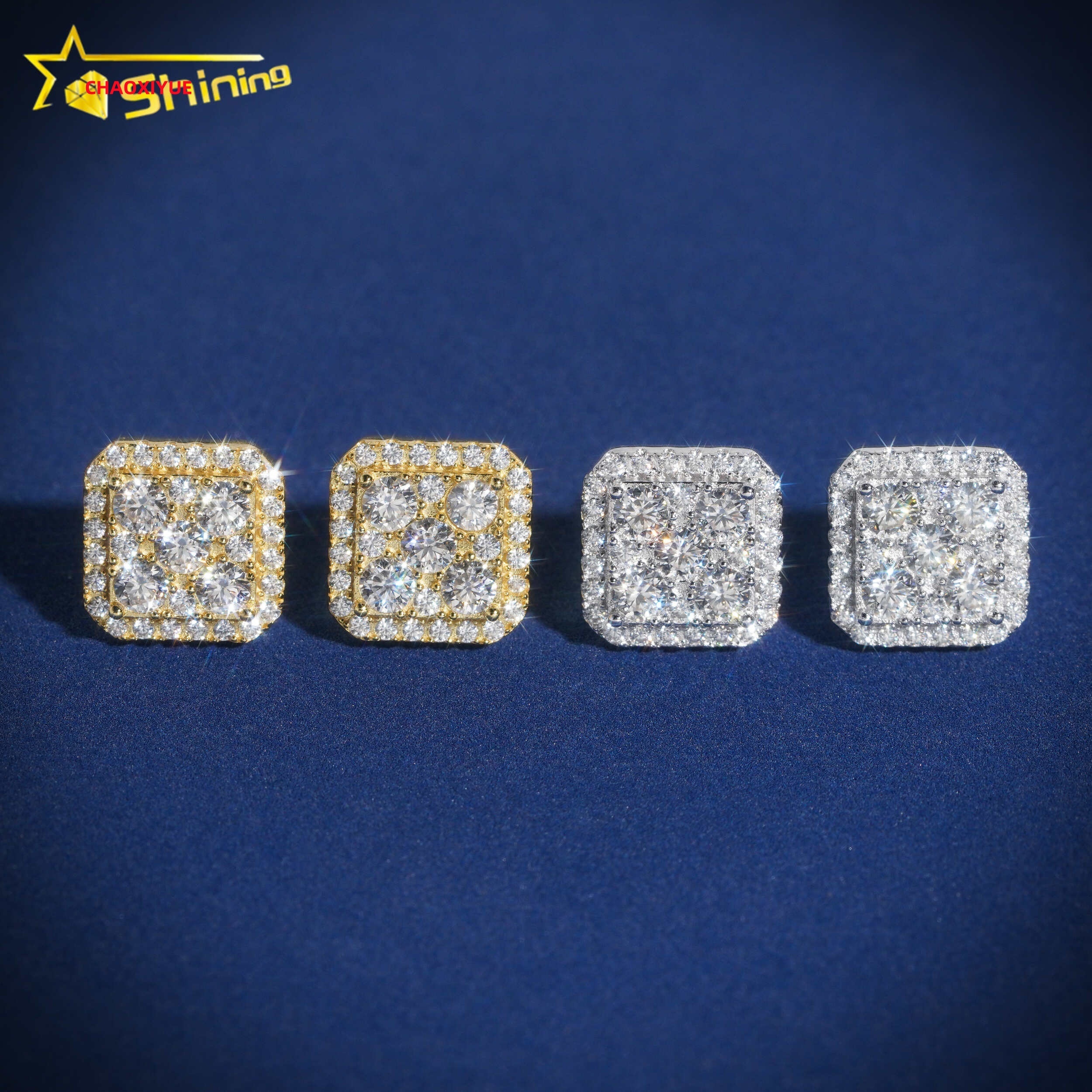 Luxury Hip Hop Jewelry Iced Out 10k Solid Gold Screw Back Lab Grown Diamond Moissanite Square Earrings