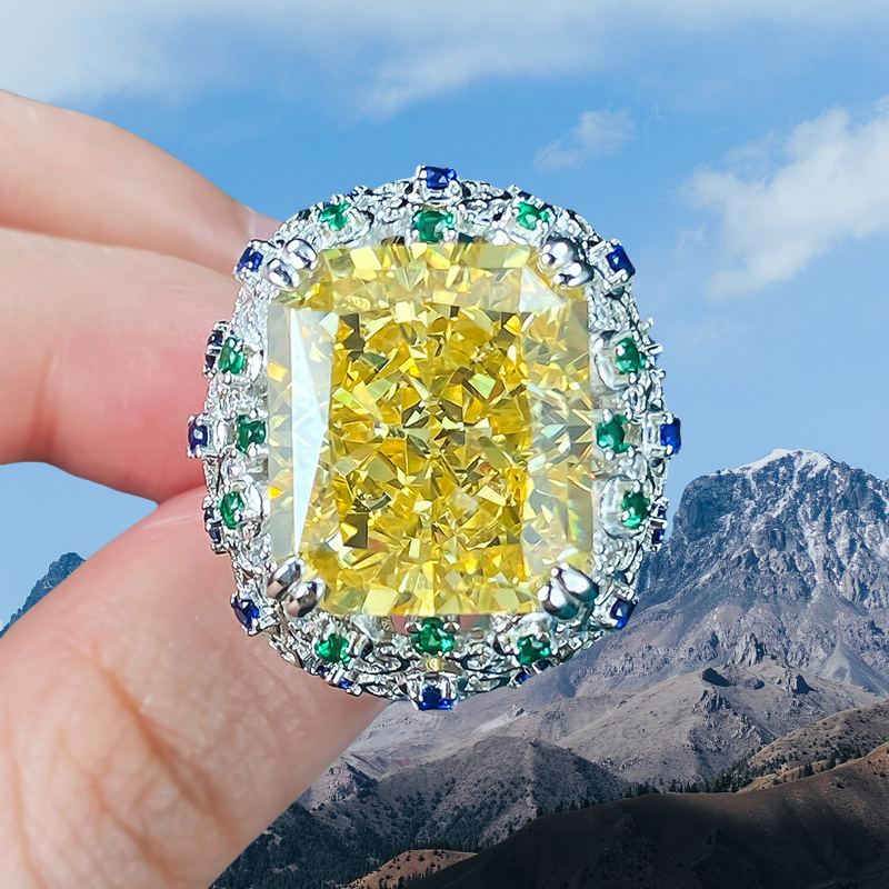 14*16 Radien Ice Flower cut Princess Ring S925 sterling Silver Deluxe inlay 15CT Crystal Yellow High-Carbon Diamond noble royal exclusive classic fash