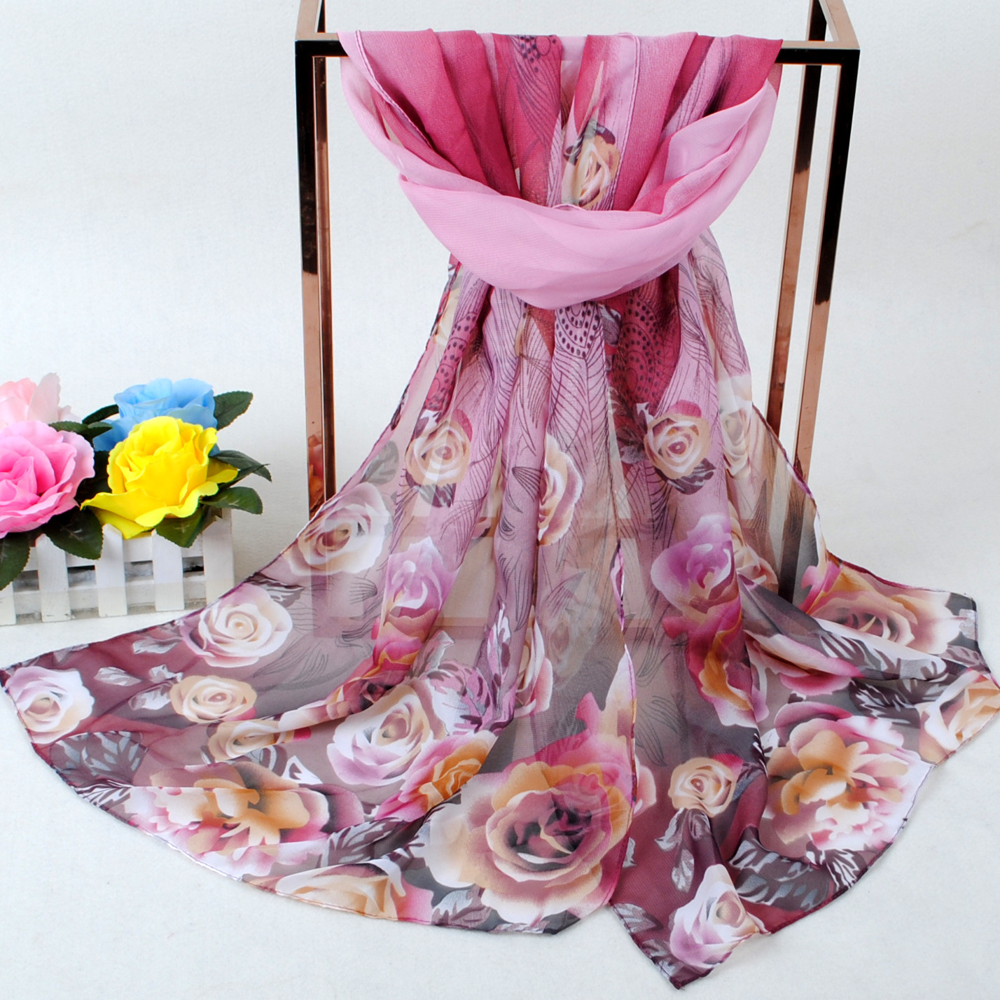 K880 New spring peacock feather flower women chiffon scarf wholesale Yiwu printed small scarf 38 gifts